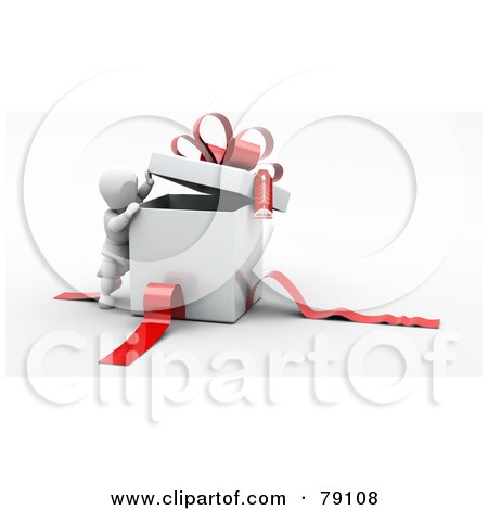 Royalty-Free (RF) Clipart Illustration of a 3d White Character Peeking Inside A White Gift Box With Red Ribbons And A Bow by KJ Pargeter