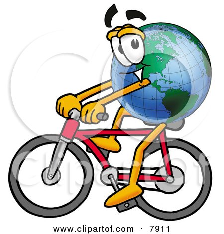 Clipart Picture of a World Earth Globe Mascot Cartoon Character Riding a Bicycle by Mascot Junction