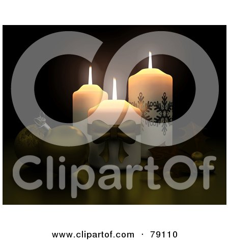 Royalty-Free (RF) Clipart Illustration of Three Lit Candles With Golden Holly And Christmas Baubles On Black by KJ Pargeter