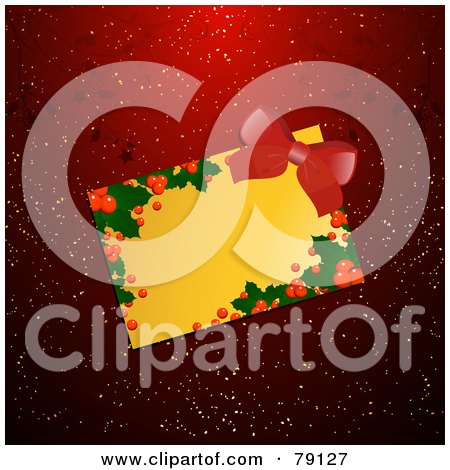Royalty-Free (RF) Clipart Illustration of a Golden Blank Holly Text Box Or Gift Tag With A Red Bow On A Red And Gold Floral Background by elaineitalia