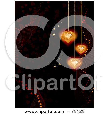 Royalty-Free (RF) Clipart Illustration of a Black Background With Faint Hearts, Gold Stars And Suspended Sparkly Hearts by elaineitalia