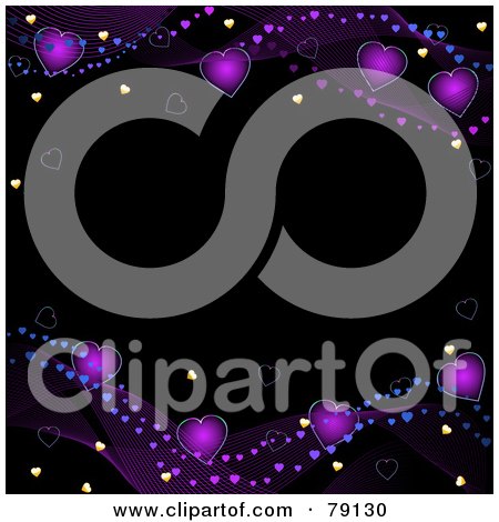 Royalty-Free (RF) Clipart Illustration of Waves Of Purple Hearts And Sparkles Framing A Black Background by elaineitalia