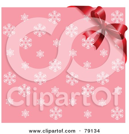 Royalty-Free (RF) Clipart Illustration of a Pink Snowflake Background With A Red Bow Ribbon In Teh Upper Right Corner by Pushkin