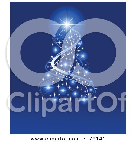Royalty-Free (RF) Clipart Illustration of a Magical Sparkly Ribbon Christmas Tree With A Gleaming Star On Blue by Pushkin