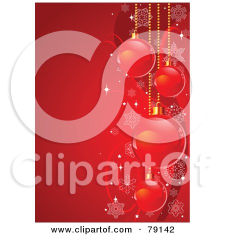 Royalty-Free (RF) Clipart Illustration of a Bright Red Vertical Xmas Holiday Background With Christmas Bulbs, Waves And Snowflakes by Pushkin