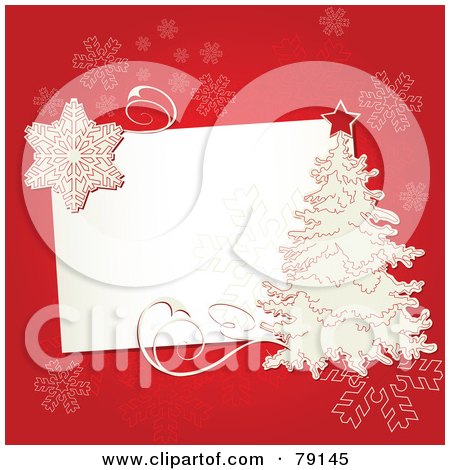 Royalty-Free (RF) Clipart Illustration of a Slanted White Text Box With A White Christmas Tree And Snowflakes Over Red by Pushkin