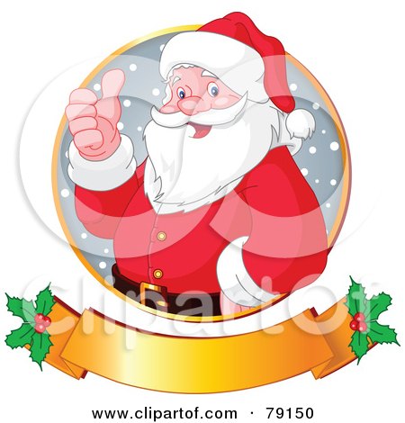 Royalty-Free (RF) Clipart Illustration of Santa Giving The Thumbs Up In A Circle Over A Gold Holly Banner by Pushkin