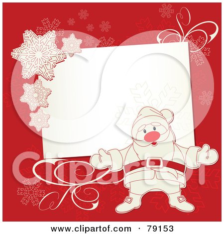 Royalty-Free (RF) Clipart Illustration of a Slanted White Text Box Bordered With White Snowflakes And Santa On Red by Pushkin