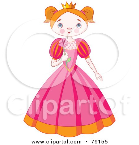 Royalty-Free (RF) Clipart Illustration of a Blushing Princess Girl In A Pink Dress, Holding A Rose by Pushkin