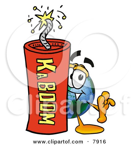 Clipart Picture of a World Earth Globe Mascot Cartoon Character Standing With a Lit Stick of Dynamite by Mascot Junction