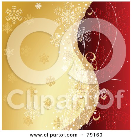 Royalty-Free (RF) Clipart Illustration of a Divided Gold And Red Background With Vine Tendrils And Snowflakes by Pushkin