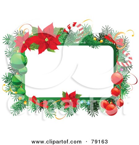 Royalty-Free (RF) Clipart Illustration of a Christmas Text Box Trimmed In Branches, Baubles, Candy Canes And Poinsettias by Pushkin
