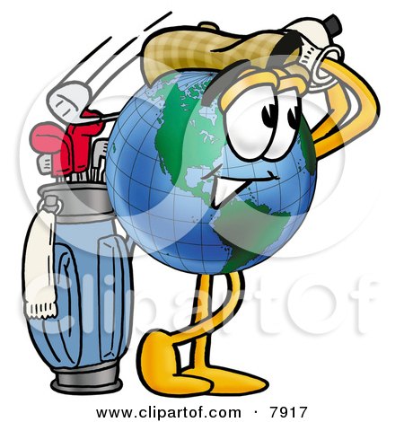 Clipart Picture of a World Earth Globe Mascot Cartoon Character Swinging His Golf Club While Golfing by Mascot Junction