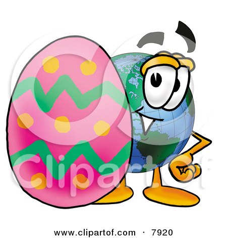 Clipart Picture of a World Earth Globe Mascot Cartoon Character Standing Beside an Easter Egg by Mascot Junction
