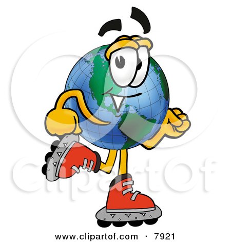 Clipart Picture of a World Earth Globe Mascot Cartoon Character Roller Blading on Inline Skates by Mascot Junction