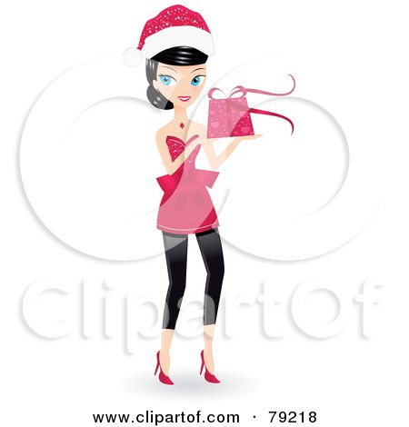 Royalty-Free (RF) Clipart Illustration of a Black Haired Christmas Woman Wearing A Dress And Santa Hat And Holding A Gift by Melisende Vector
