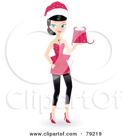 Royalty-Free (RF) Clipart Illustration of a Black Haired Christmas Woman Wearing A Santa Hat And Holding A Gift by Melisende Vector