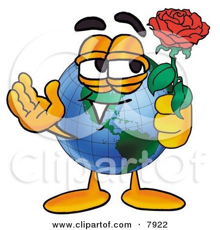 Clipart Picture of a World Earth Globe Mascot Cartoon Character Holding a Red Rose on Valentines Day by Mascot Junction