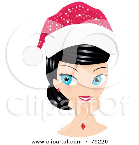 Royalty-Free (RF) Clipart Illustration of a Black Haired, Blue Eyed Christmas Woman Touching Her Face And Wearing A Santa Hat by Melisende Vector