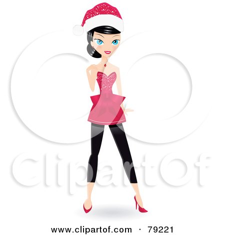 Royalty-Free (RF) Clipart Illustration of a Black Haired Christmas Woman Wearing A Santa Hat And A Pink Dress by Melisende Vector