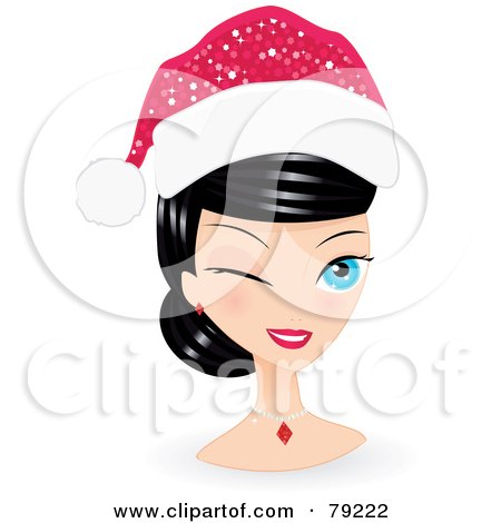 Royalty-Free (RF) Clipart Illustration of a Black Haired, Blue Eyed Christmas Woman Winking And Wearing A Santa Hat by Melisende Vector