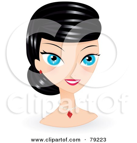 Royalty-Free (RF) Clipart Illustration of a Beautiful Black Haired, Blue Eyed Woman Wearing Her Hair In A Bun And Wearing Ruby Jewelry by Melisende Vector