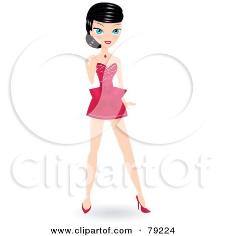 Royalty-Free (RF) Clipart Illustration of a Black Haired Christmas Woman Standing In A Short Pink Dress by Melisende Vector