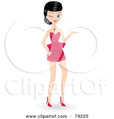 Royalty-Free (RF) Clipart Illustration of a Black Haired Christmas Woman Presenting In A Short Pink Dress by Melisende Vector