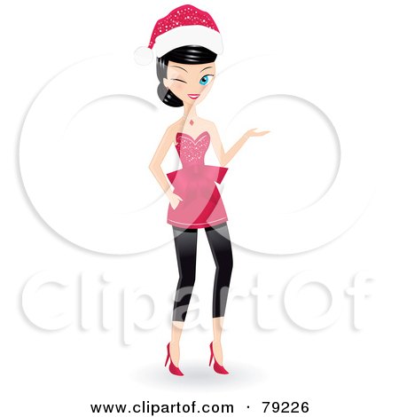 Royalty-Free (RF) Clipart Illustration of a Black Haired Christmas Woman Wearing A Santa Hat, Winking And Presenting by Melisende Vector