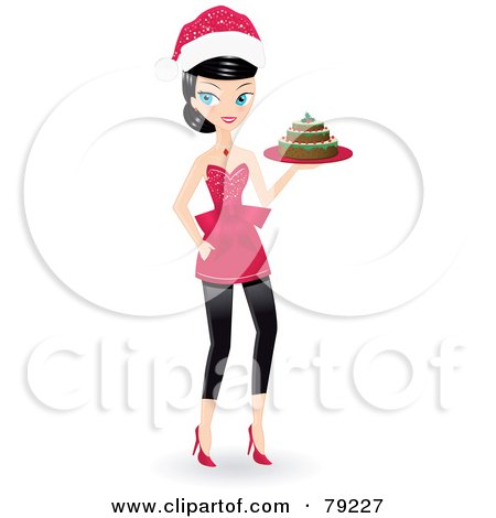 Royalty-Free (RF) Clipart Illustration of a Black Haired Christmas Woman Wearing A Santa Hat And A Serving A Holiday Cake by Melisende Vector
