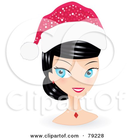 Royalty-Free (RF) Clipart Illustration of a Black Haired, Blue Eyed Christmas Woman Glancing Left And Wearing A Santa Hat by Melisende Vector