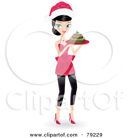 Royalty-Free (RF) Clipart Illustration of a Black Haired Christmas Woman Wearing A Santa Hat And Carrying A Christmas Cake by Melisende Vector