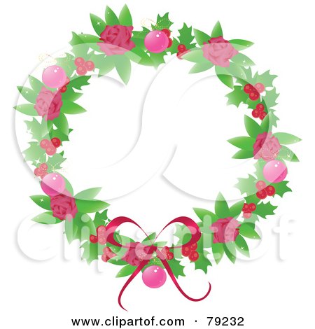 Royalty-Free (RF) Clipart Illustration of a Feminine Pink Rose, Holly Berry And Pink Bauble Christmas Wreath by Melisende Vector