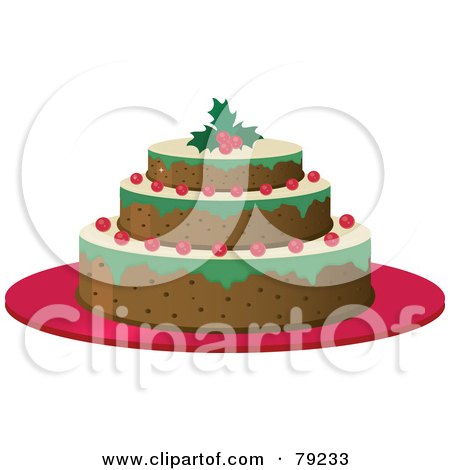 Royalty-Free (RF) Clipart Illustration of a Tasty Three Layered Christmas Cake With Berries And A Holly Garnish by Melisende Vector