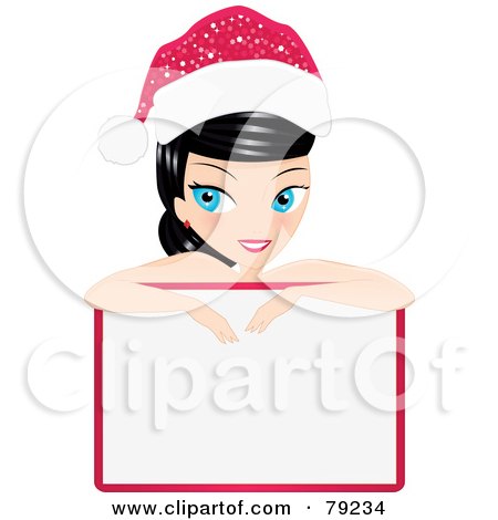 Royalty-Free (RF) Clipart Illustration of a Black Haired, Blue Eyed Christmas Woman Leaning Over A Blank Sign And Wearing A Santa Hat by Melisende Vector