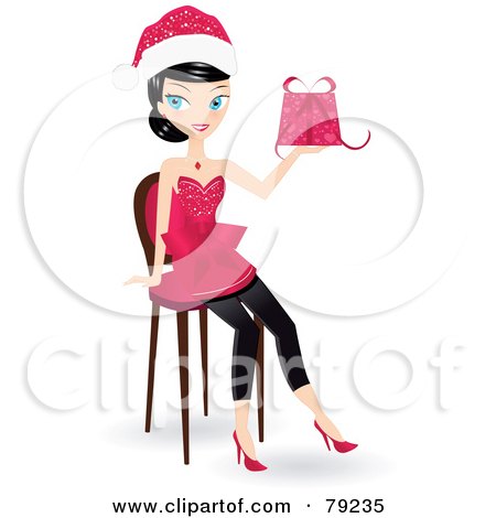 Royalty-Free (RF) Clipart Illustration of a Black Haired Christmas Woman Wearing A Santa Hat, Sitting And Holding A Present by Melisende Vector