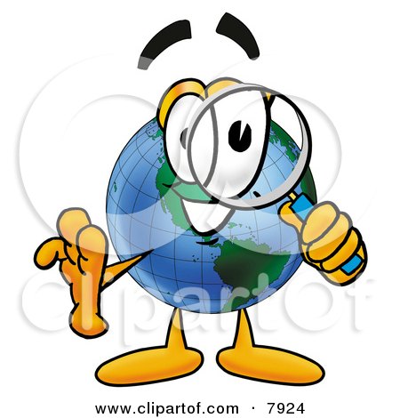 Clipart Picture of a World Earth Globe Mascot Cartoon Character Looking Through a Magnifying Glass by Mascot Junction