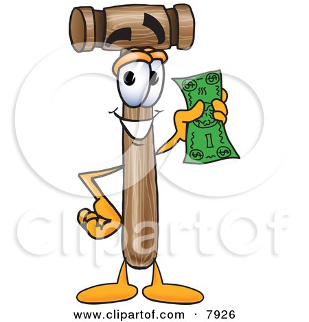 Clipart Picture of a Mallet Mascot Cartoon Character Holding a Dollar Bill by Mascot Junction