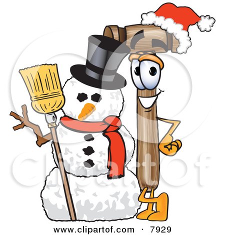 Clipart Picture of a Mallet Mascot Cartoon Character With a Snowman on Christmas by Mascot Junction