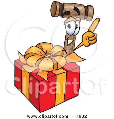 Clipart Picture of a Mallet Mascot Cartoon Character Standing by a Christmas Present by Mascot Junction