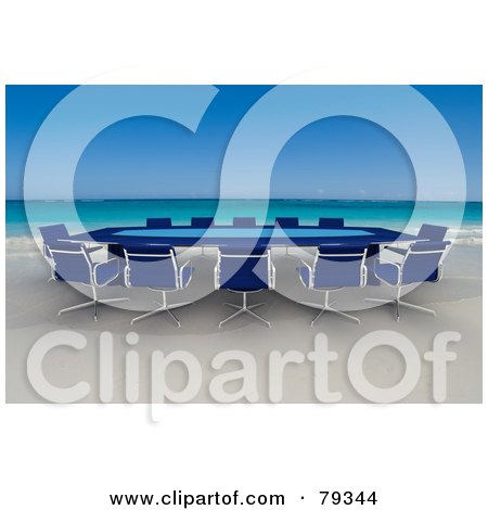 Royalty-Free (RF) Clipart Illustration of a Blue 3d Conference Table On A Tropical Beach by Frank Boston