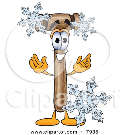 Clipart Picture of a Mallet Mascot Cartoon Character With Three Snowflakes in Winter by Mascot Junction