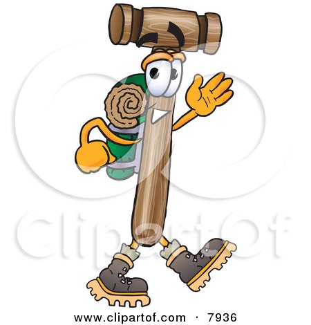Clipart Picture of a Mallet Mascot Cartoon Character Hiking and Carrying a Backpack by Mascot Junction