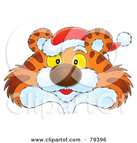 Royalty-Free (RF) Stock Illustration of a Cartoon Tiger Face Wearing A Santa Hat by Alex Bannykh