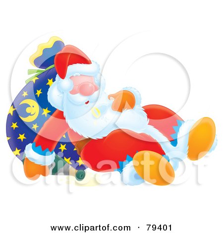 Royalty-Free (RF) Stock Illustration of a Snoozing Airbrushed Santa Leaning Against His Sack, With A Spilled Bottle Of Bubbly by Alex Bannykh