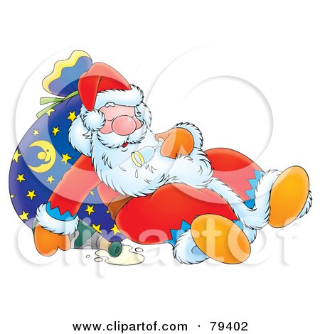 Royalty-Free (RF) Stock Illustration of a Snoozing Cartoon Santa Leaning Against His Sack, With A Spilled Bottle Of Bubbly by Alex Bannykh