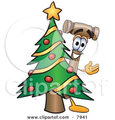 Clipart Picture of a Mallet Mascot Cartoon Character Waving and Standing by a Decorated Christmas Tree by Mascot Junction