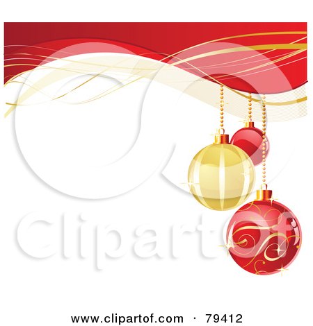 Royalty-Free (RF) Stock Illustration of a Christmas Background With Three Red And Golden Baubles Over White, With An Upper Border Of Red And Gold Waves by Pushkin