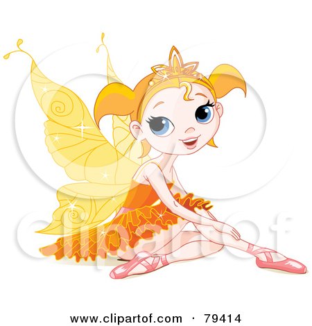 Royalty-Free (RF) Stock Illustration of a Pretty Little Orange Winged Fairy Girl In Ballet Slippers And A Tutu, Sitting On The Ground by Pushkin