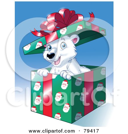 Royalty-Free (RF) Stock Illustration of a Happy Christmas Polar Bear Popping Out Of A Gift Box With Santa Wrapping Paper by Lawrence Christmas Illustration